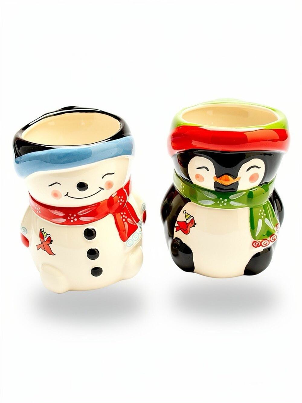 Snowman & Penguin Christmas Ceramic Mug Set-Holiday Cocoa Cups- Christmas/Winter